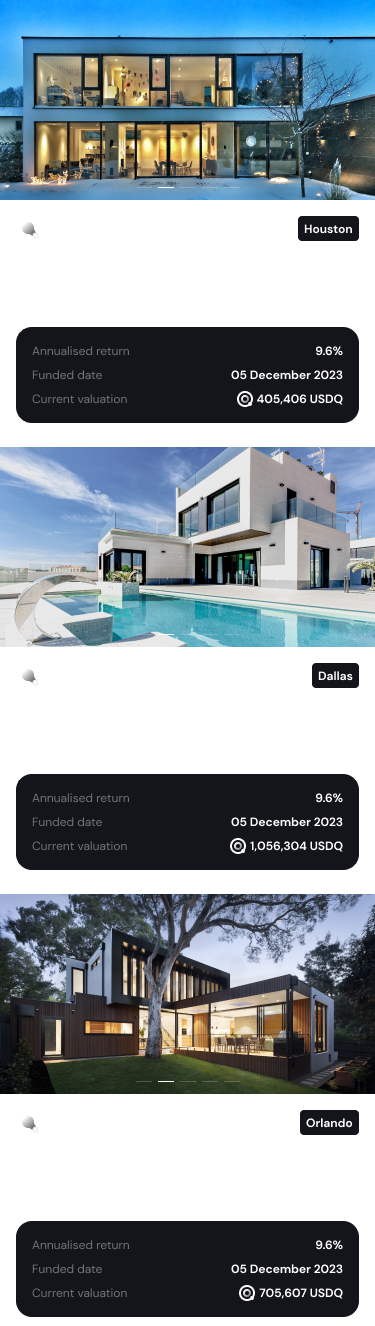 Image showing different houses with information on price and location and valuation in USDQ